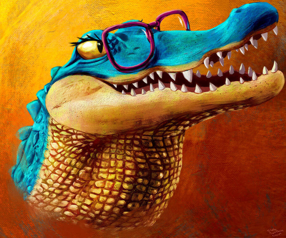 Teal and Apricot Crocodile with Purple Glasses on an Orange Background