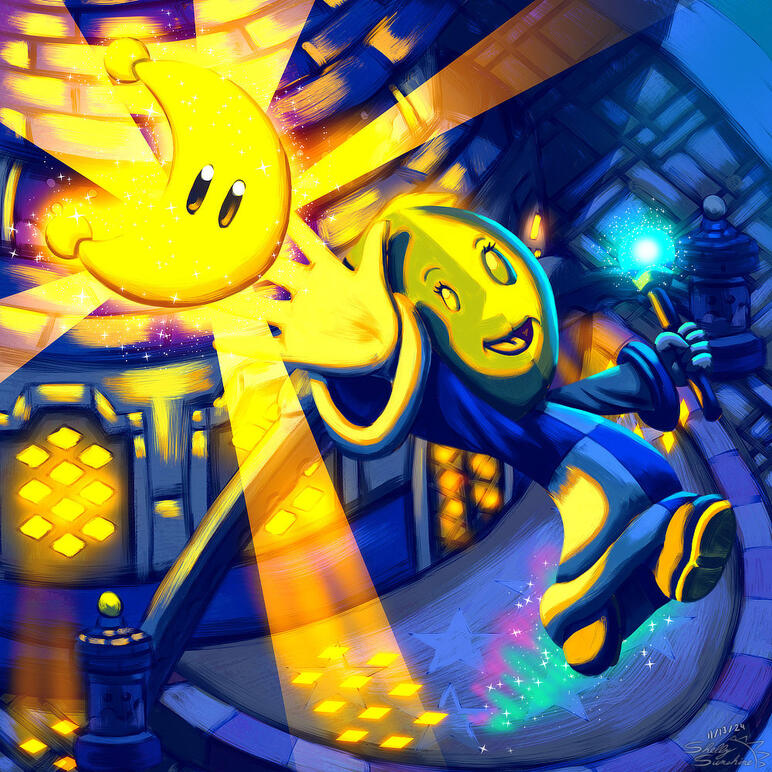 [Alt Text: An illustration of Twila, the moon goddess. She is holding up a Power Moon outside of her home respectfully.]