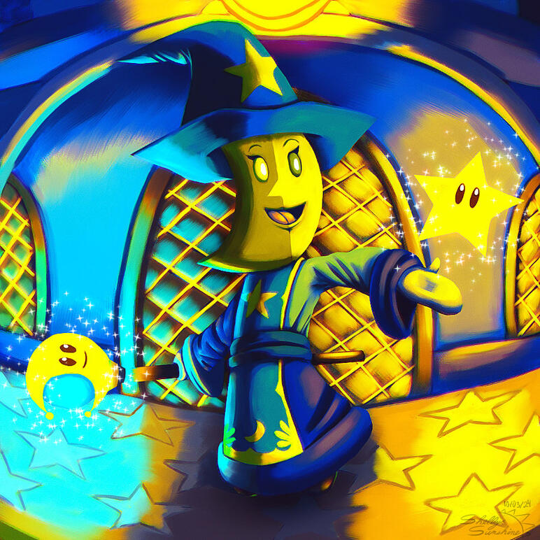 [Alt Text: Twila, a moon goddess from Mario Party 6 that has a crescent moon shaped head with two-toned yellow and green colors, dressed up in the Mario Party 2’s Horror Land costume. She shows off a star to a random player before giving the star to them.