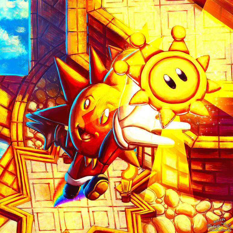 [Alt Text: An illustration of Brighton, the sun god. He is holding up a Shine Sprite outside of his house respectfully.]