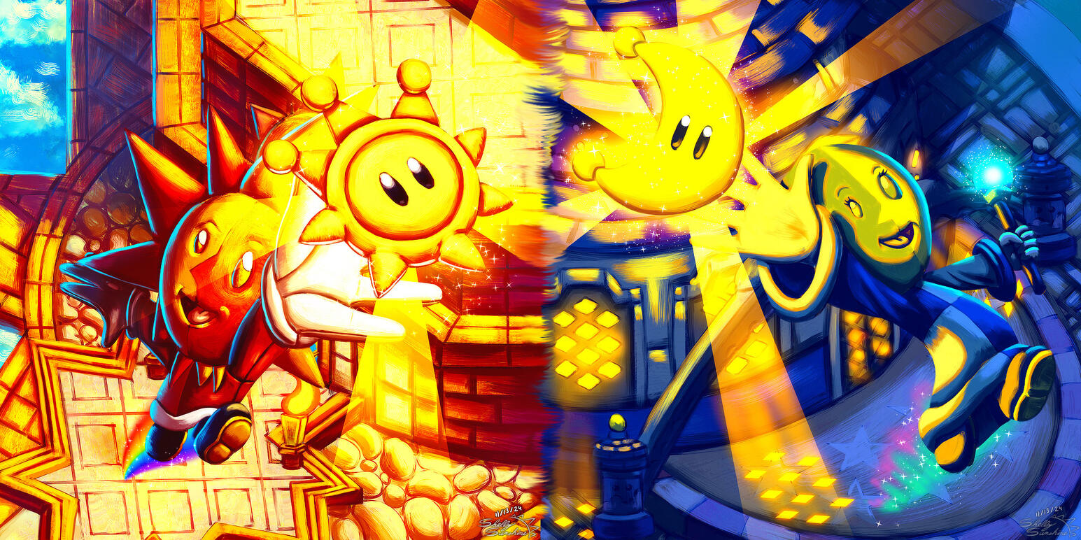 [Alt Text: An illustration of Brighton, the sun god; and Twila, the moon goddess together. They are holding up a Shine Sprite and a Power Moon outside of their homes respectfully.]